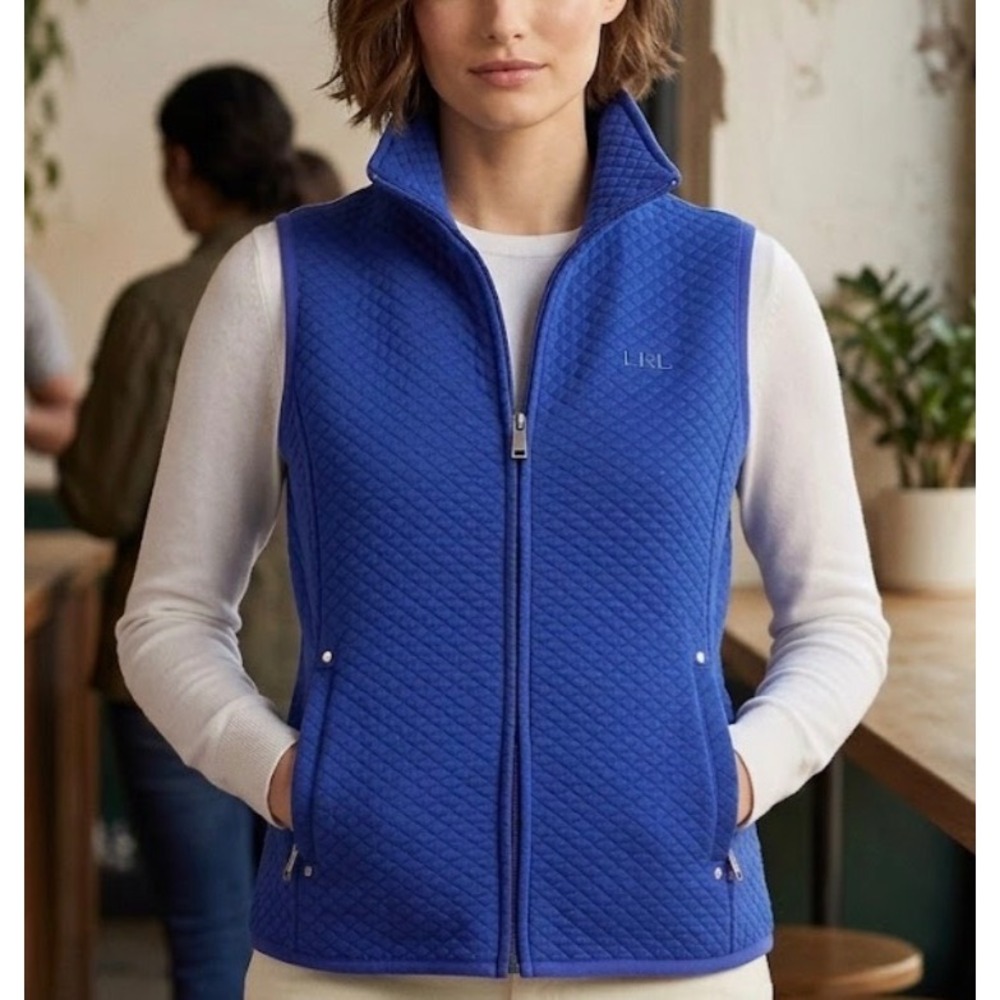 Lauren Ralph Lauren Womens Blue Quilted Full Zip Vest Small Diamond Pattern LRL